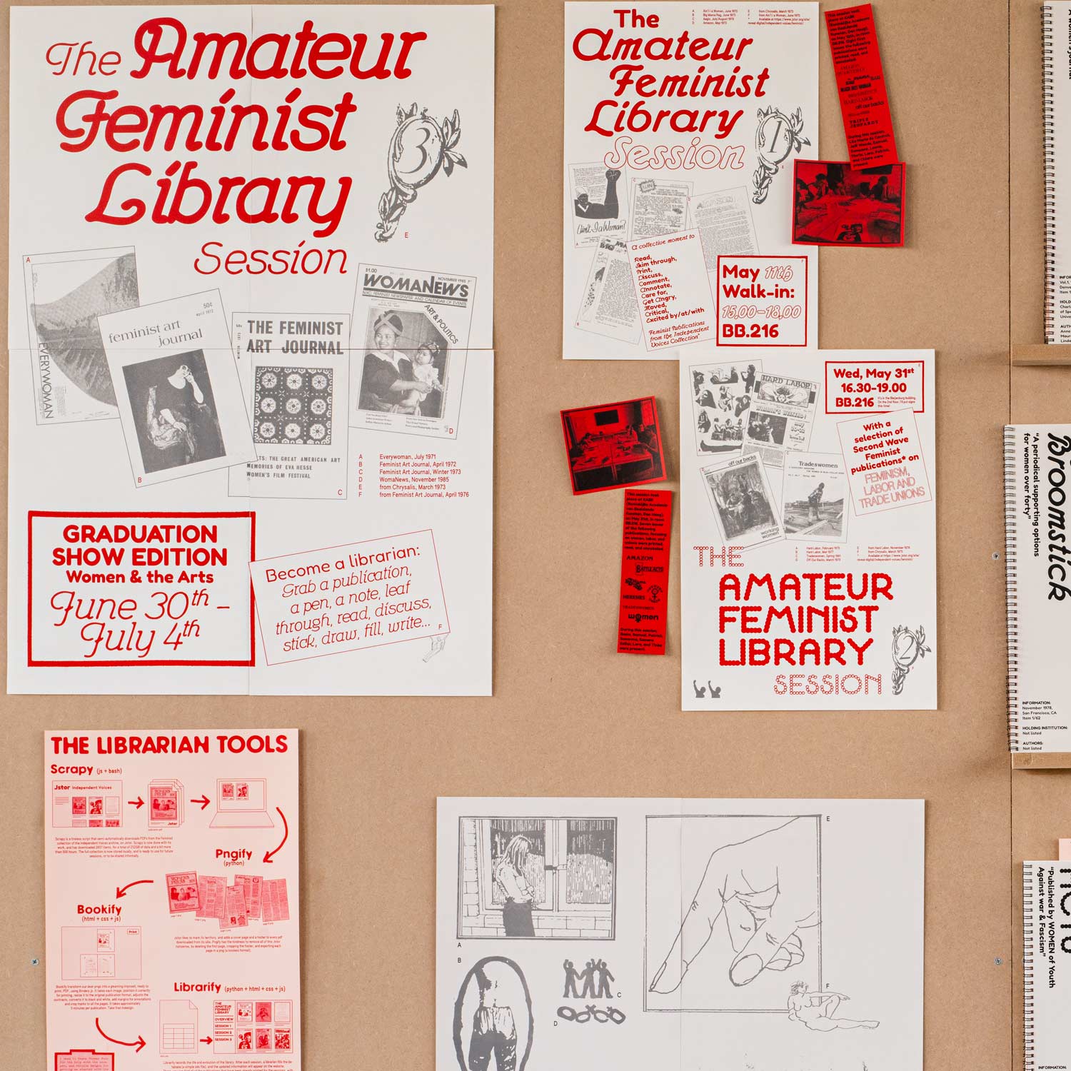 red, pink and grey posters on a wooden background