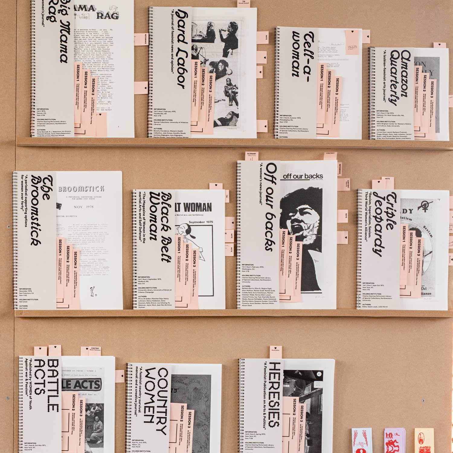ring-bound publications, printed in black and white and with pink paper inserts on a bookshelf